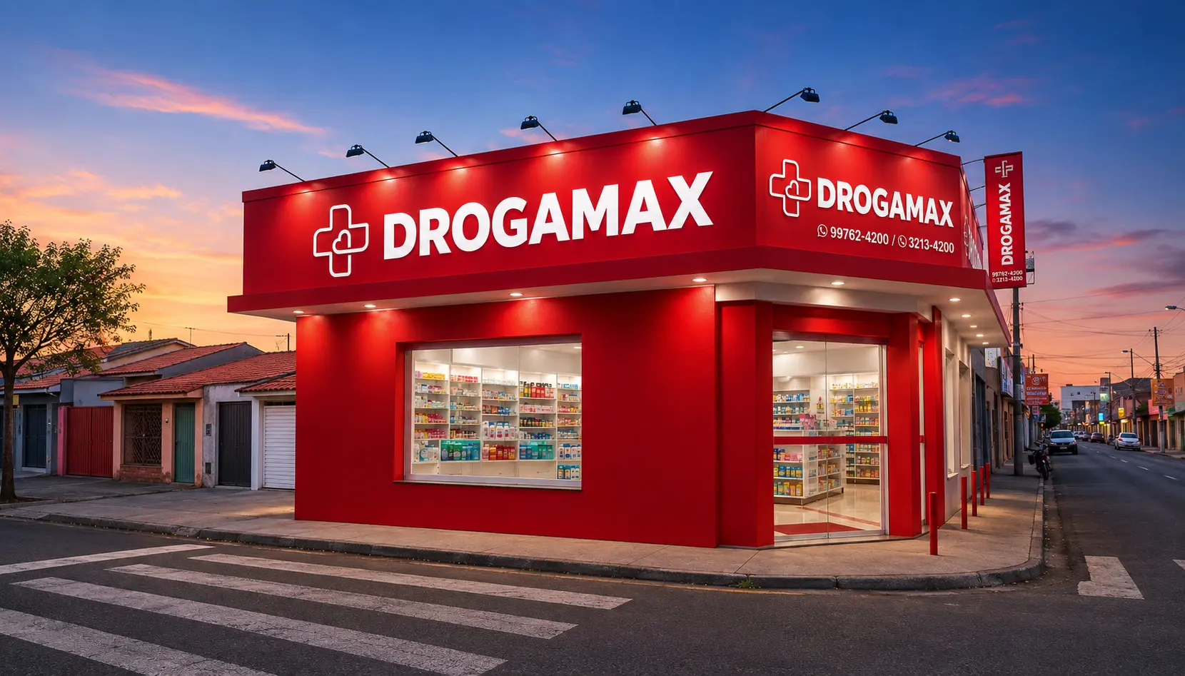 Fachada da Farmácia DrogaMax no Jardim das Palmeiras, em Uberlândia